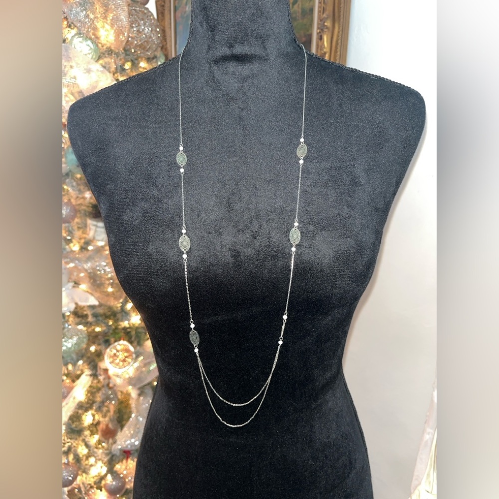 38” Mixed Metal Layered Station Necklace – Silver & Gold Tone – Adjustable